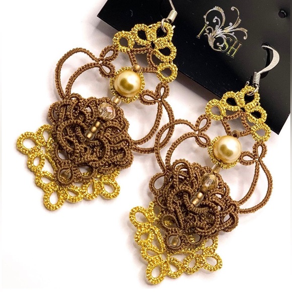 Unique Gold & Brown Tatting Earrings β Only One Pair! - Picture 5 of 5